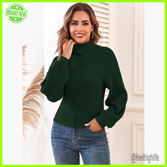 Cropped Turtleneck Sweater Lantern Sleeve Ribbed Knit Pullover - Picture 2 of 6